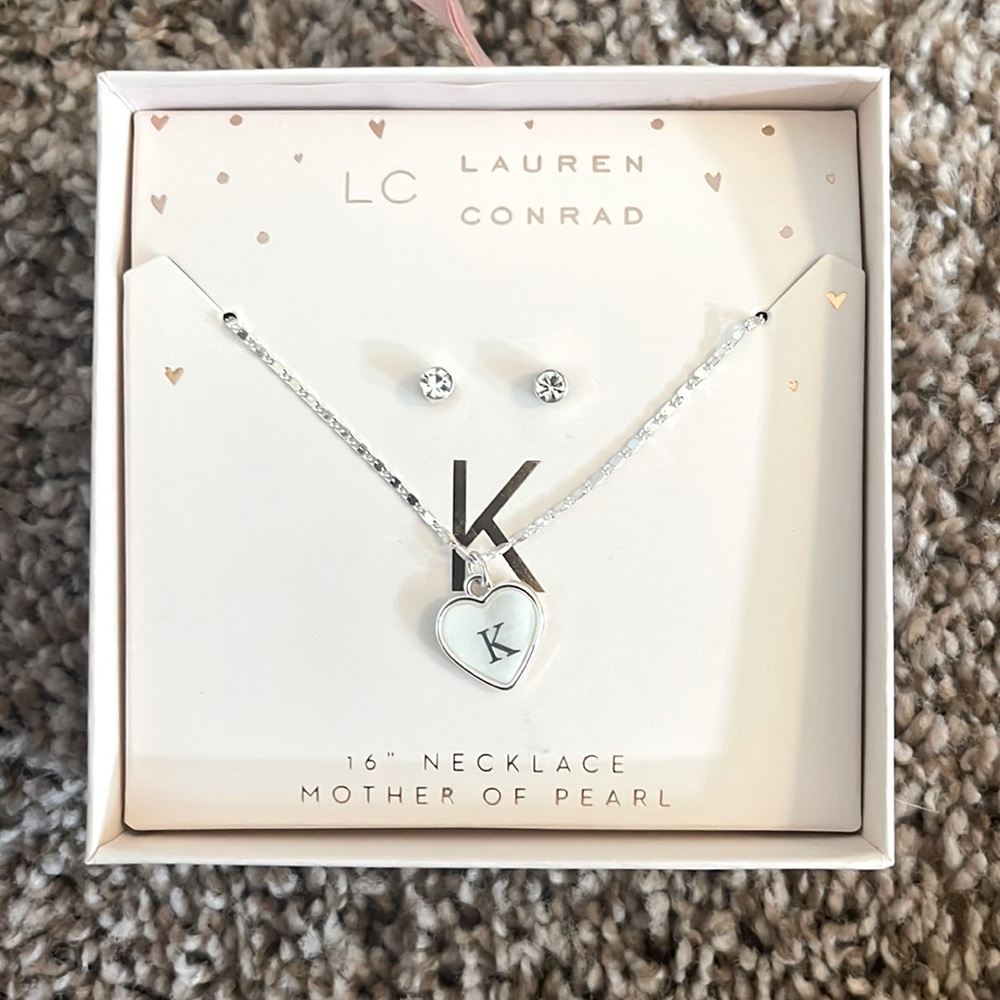 Lauren Conrad silver diamond k necklace and matching earrings